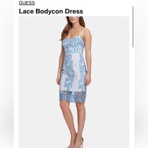 Guess Blue and White Floral Lace Trim Dress- Midi